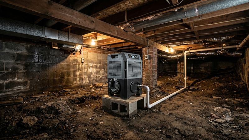 Dehumidifier in crawl space without encapsulation